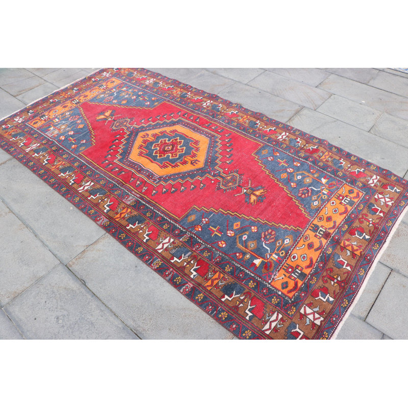 Tapis rétro rouge noué à la main de style anatolien turc rétro idéal pour la décoration de salon