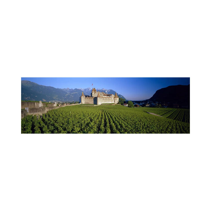 Vineyard in Front of a Castle, Aigle Castle, Musee De La Vigne Et Du Vin, Aigle, Vaud, Switzerland 1 Piece Wrapped Canvas Panoramic Wall Art
