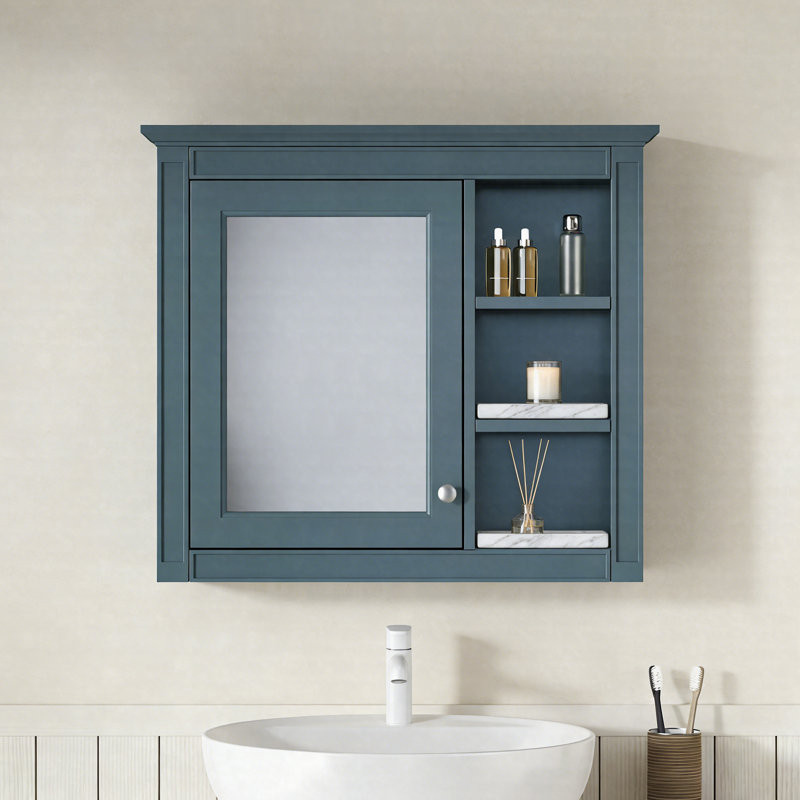 Armoire à pharmacie murale 30 po x 28 po avec miroir, 3 tablettes ouvertes, armoire de rangement moderne, Bleu clair