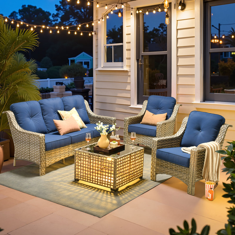 Ensemble de conversation d'extérieur en osier pour 5 personnes, ensemble de canapé de patio avec table basse éclairée et coussins