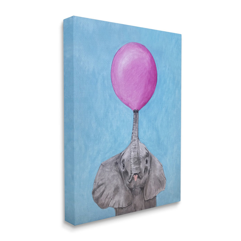 Mignon éléphant soufflant un portrait d'un animal en ballon rose par Coco de Paris - Peinture, Toile tendue