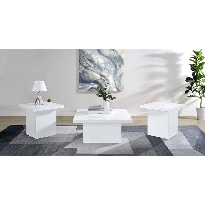 Minimalist Three-Piece Coffee Table Set with Squared Profiles, Gloss White