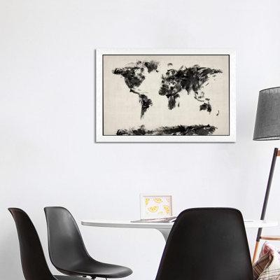 Map Of The World Paint Splashes Black by Michael Tompsett - Floater Frame Print on Canvas