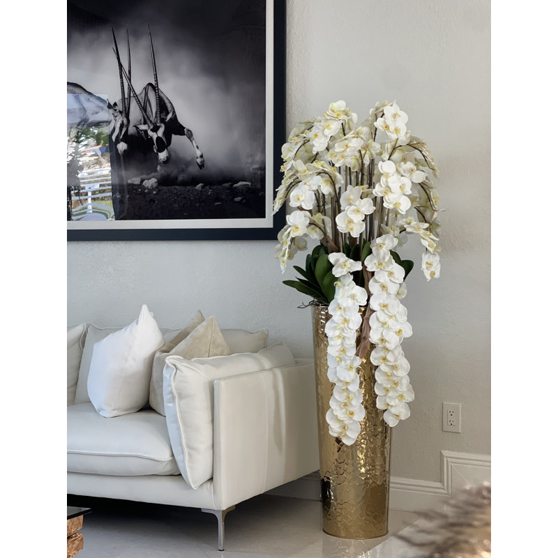 Cascading White Phalaenopsis Orchids In Tapered Hammered Cone Planter, Gold