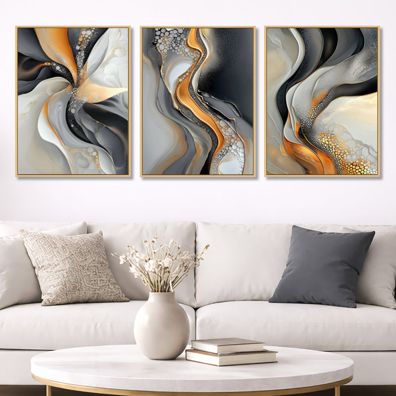 Impression sur toile abstraite fractale dorée et grise, Cadre flottant en bois naturel, H 32 po x l 72 po