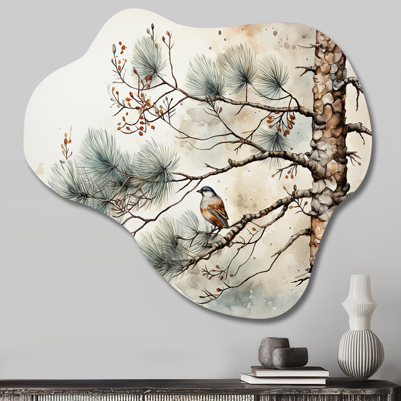 Bird On Pine Tree II - Asymmetrical Tree Pine Metal Wall Art, Cloud Metal Wall Sculpture Print, 25" H x 28" W x 1" D