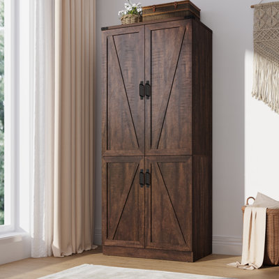75" H Farmhouse Wardrobe Armoire Closet With LED Lights, 2 Doors Wooden Wardrobe Cabinet For Bedroom With Hanging Rod For Bedroom by Gracie Oaks
