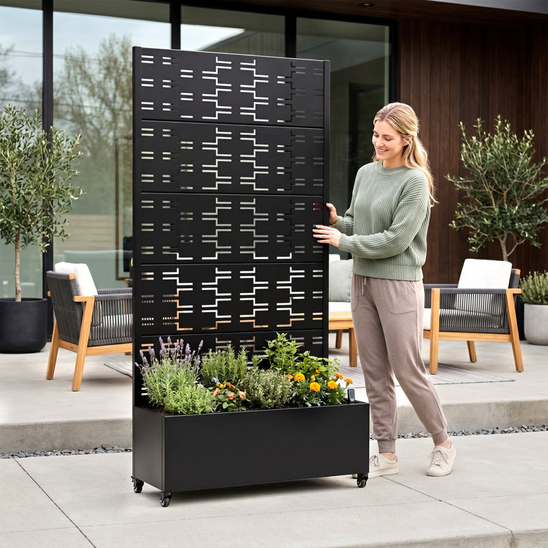 Boîte à fleurs en métal galvanisé avec treillis Forson, H 72 po x l 35 po x P 16 po, Noir
