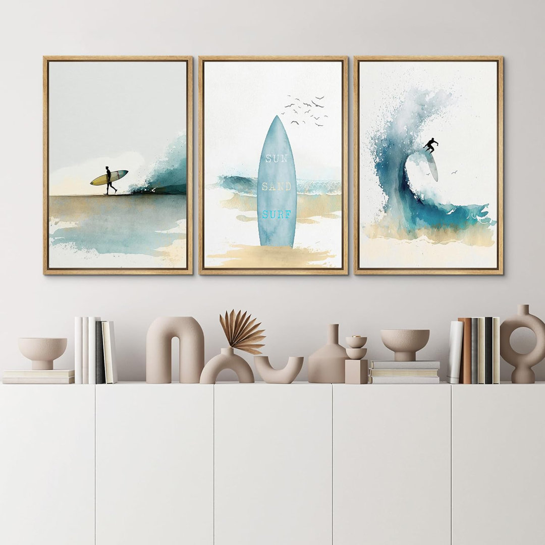 Coastal Beach Sun Sand Surf Light Blue Surfboard and Ocean Coastal Nautical Framed Canvas 3 Pieces Print Wall Art IDEA4WALL Frame 