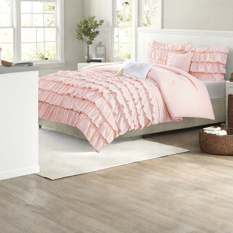 Elegant Blush Ruffle Bedding Sets, Polyester Comforter For Modern Bedroom Decor