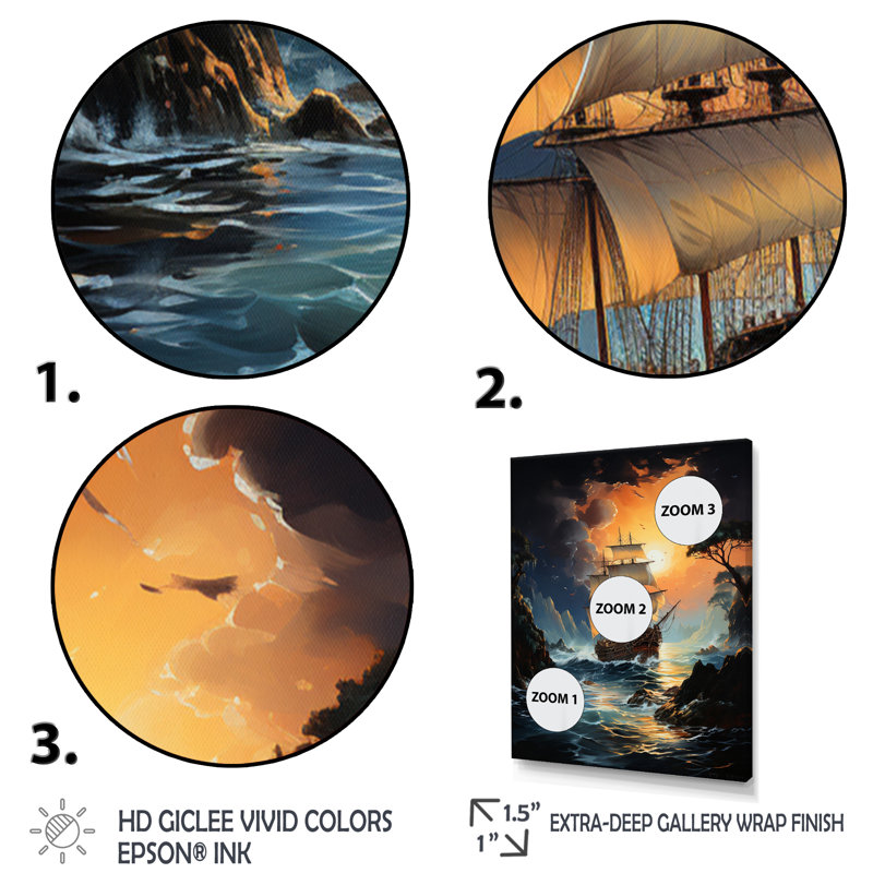 Pirate Boat Moonlit Raid - Pirate Wall Art Prints, H 32 po x l 16 po x P 1 po, Toile tendue
