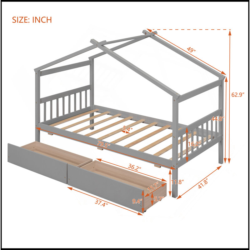 Wooden House Bed With Drawers, Gray