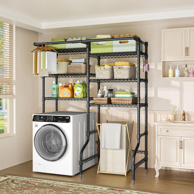 Over Washer And Dryer Storage Shelf With 6 Adjustable Tiers And 2 Hanger Rods, Space Saving Laundry Room Organizer For Drying Rack And Supply Storage