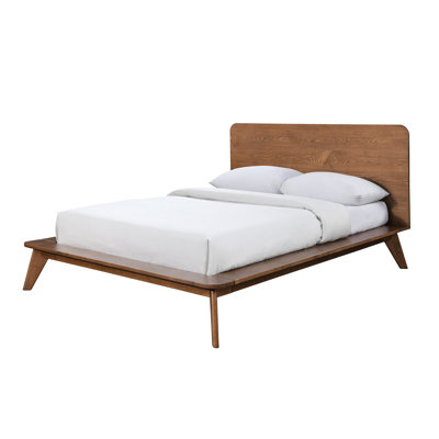 Walnut Solid Wood Full Size Bedframe, Mid - Century Transitional Platform Bed, Panel Headboard, Tapered Legs, Mattress Ready Bed In Wood, Design,