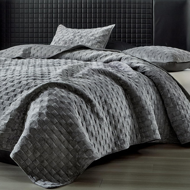 Couvre-lit en velours avec taies d'oreiller Zera MJ, Grand couvre-lit / couvre-lit + 2 taies d'oreiller, Gris