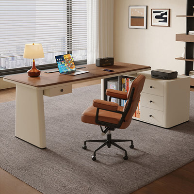 Bureau de direction en placage de noyer avec armoire de rangement gauche et prise de courant