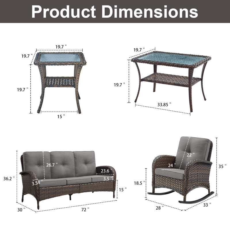 Gaetanino 5-Person Outdoor Wicker Sofa Seating Group With Cushions, Brown, Gray