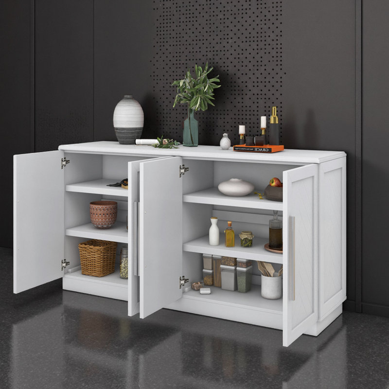 Buffet 60 po - Poignées argentées, tablettes réglables, rangement pour la salle à manger / cuisine, Blanc