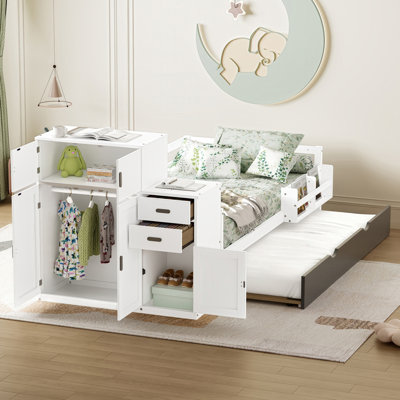 Lit plateforme en bois de taille avec bibliothèque pour échantillon et garde-robe mobile, lit multifonctionnel avec lit gigogne intégré,