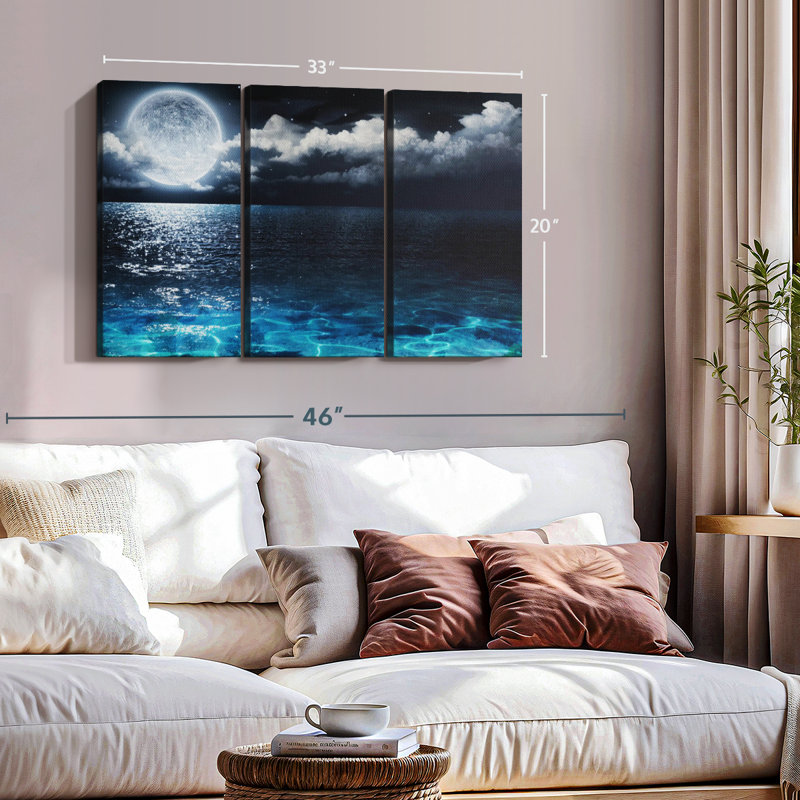 «Moonlit Blue Sea», 3 pièces sur toile, H 20 po x l 33 po x P 1,25 po