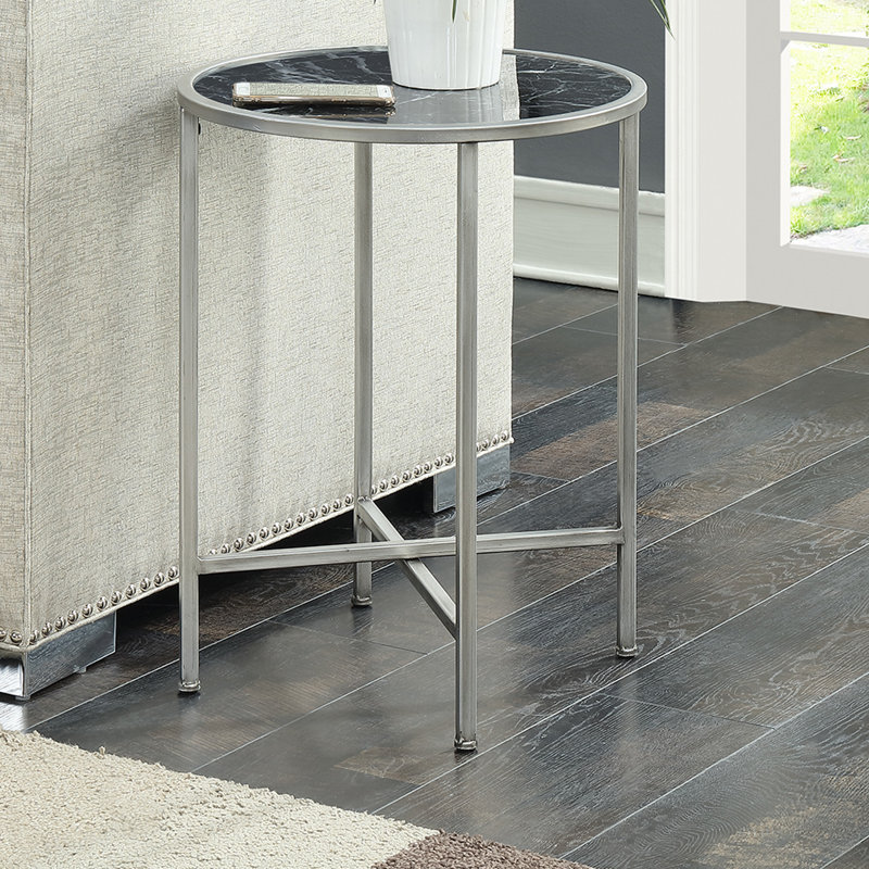 Benvolio Round End Table with Metal Frame, Black Marble/Silver Frame