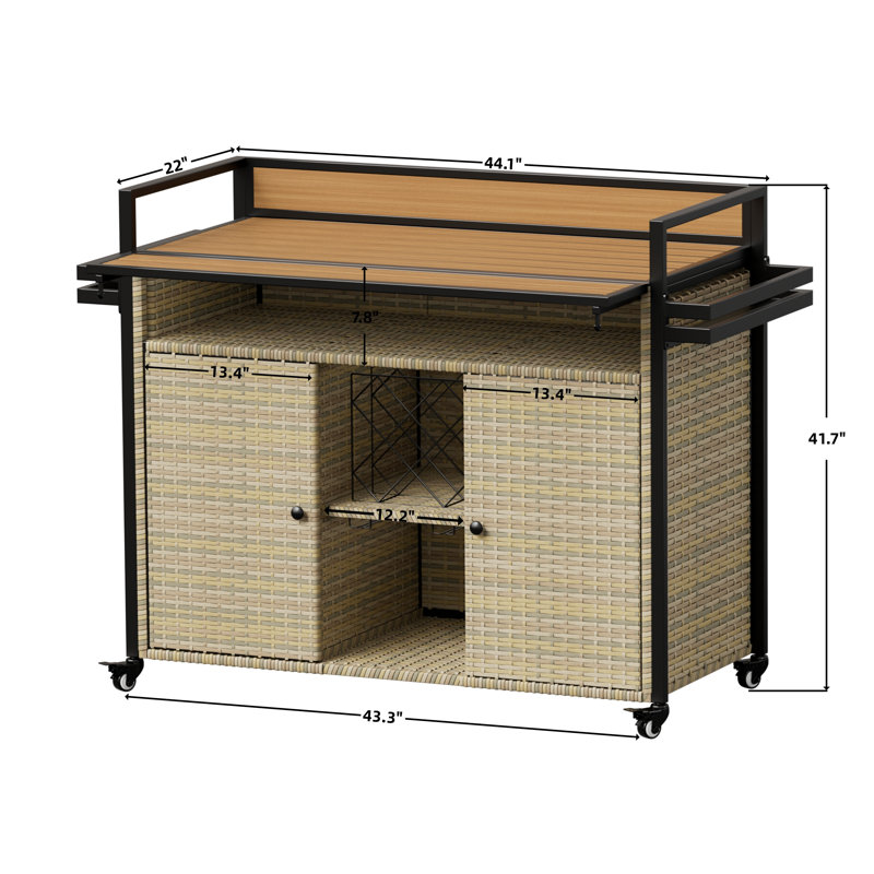 Outdoor Wicker Bar Cart with Storage & Extendable Top - Rolling Kitchen Island for Patio, Backyard, and Entertaining