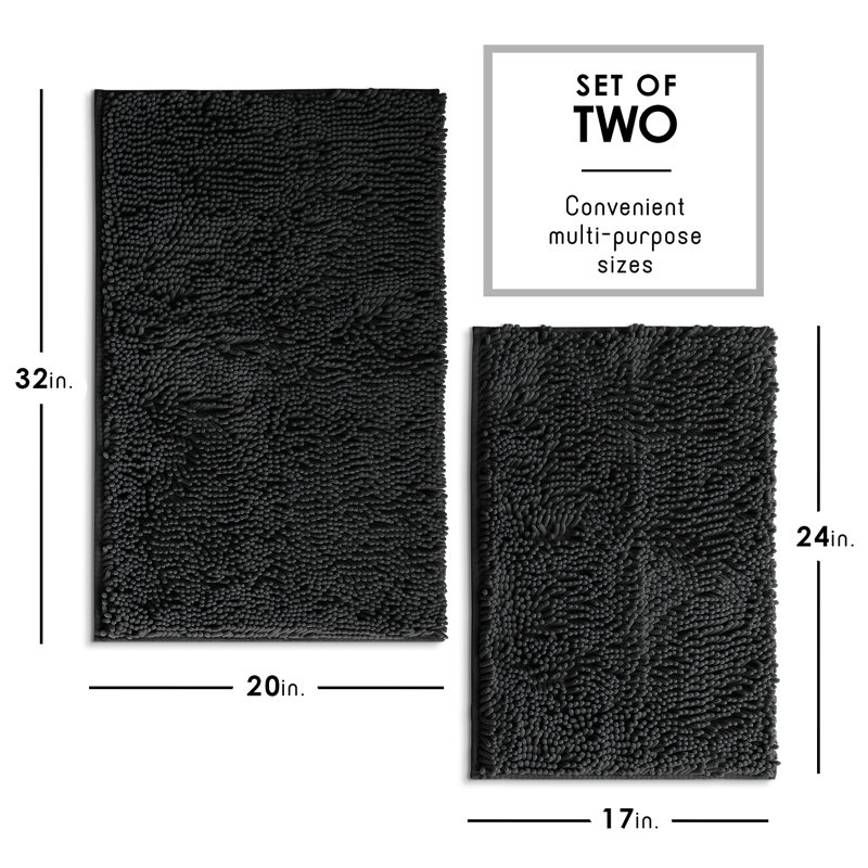 Yasmen Super Soft Absorbent Chenille Bath Rug Set with Non-Slip Backing, Black
