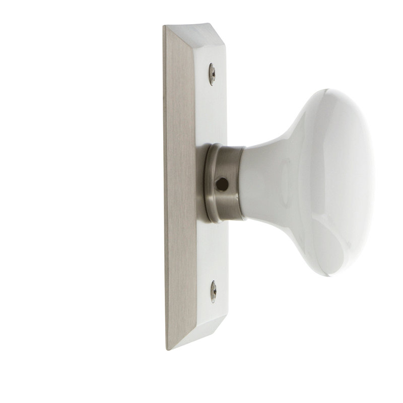 Studio Plate with White Porcelain Door Knob, Satin Nickel