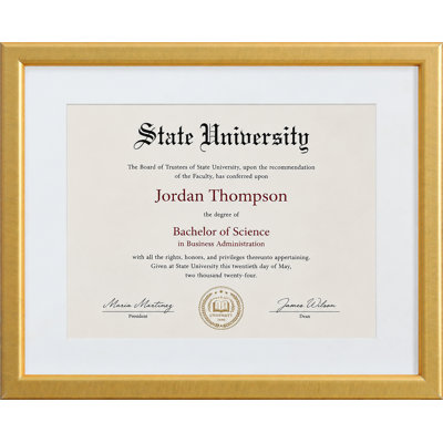 11x14 Gold Diploma Frame, Fits 8.5x11 Certificate or Degree Frame with Mat or 11x14 Document without Mat, Real Glass, Wall or Tabletop Display