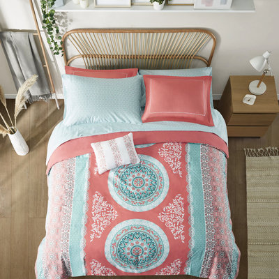 Édredon simple avec collection de draps - motif de médaillon corail, microfibre douce, literie et draps complets, attrait élégant pour la chambre à coucher