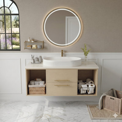 Meuble-lavabo mural simple 39,4 po avec lavabo vasque, meuble-lavabo mural moderne en bois massif avec tablettes ouvertes et tiroirs à fermeture douce, noir