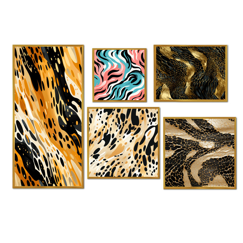 «Exotic Camouflage Caprice», ensemble de 5 impressions sur toile, Cadre flottant doré