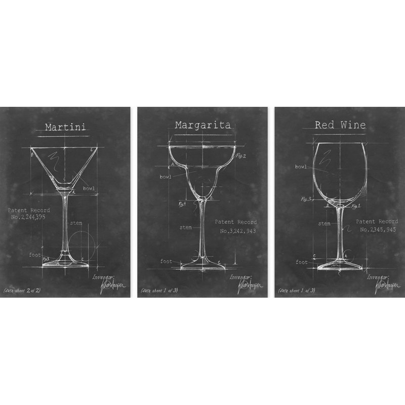 «Flippen Barware Blueprint» par Marmont Hill - ensemble de 3 reproductions de dessins sur toile tendue, H 60 po x l 40 po