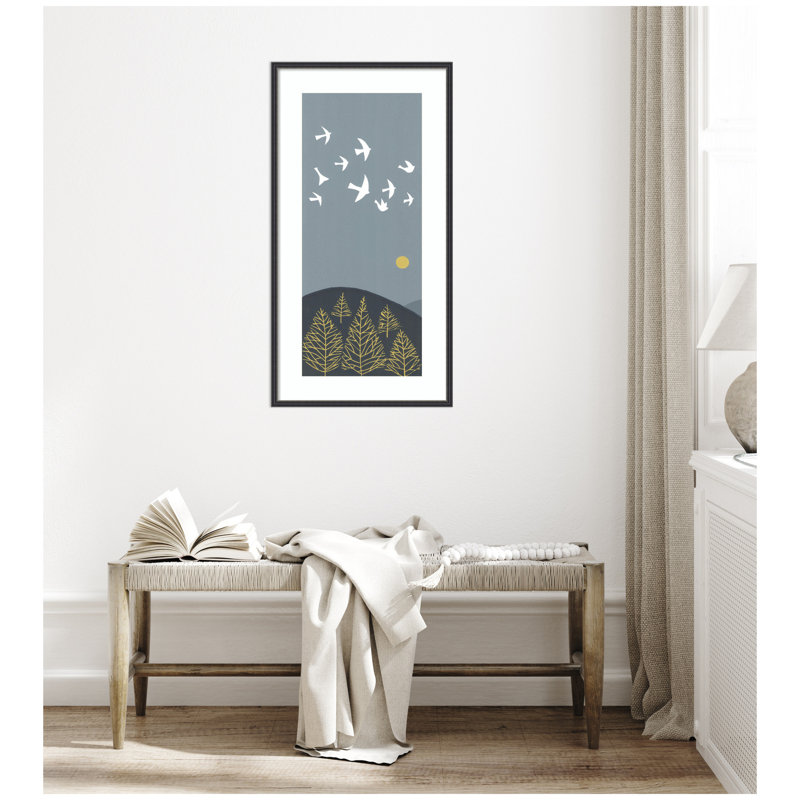 Reproduction d'art encadrée, Hill Hill Flight Linocut Bird par Giuliana Lazzerini