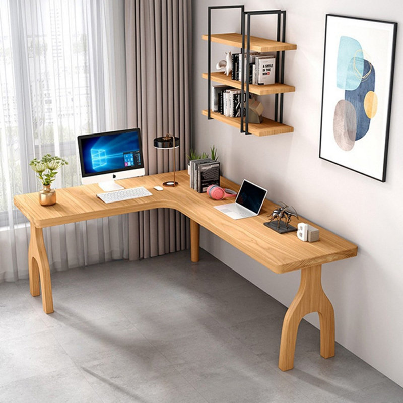 Bureaux en bois massif en L Burlywood, H 29,53 po x l 55,12 po x P 39,37 po, Retour à gauche
