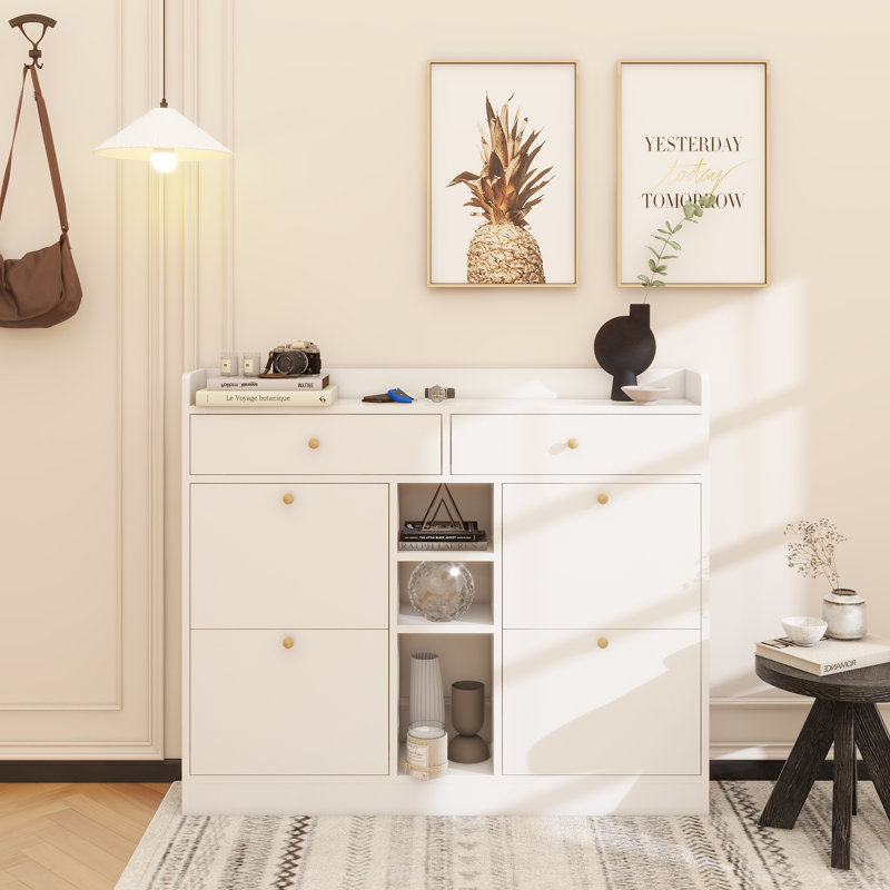Modern Shoe Cabinet With 4 Flip Drawers, Multifunctional 2-Tier Shoe Storage Organizer With Drawers, Free Standing Shoe Rack For Entrance Hallway