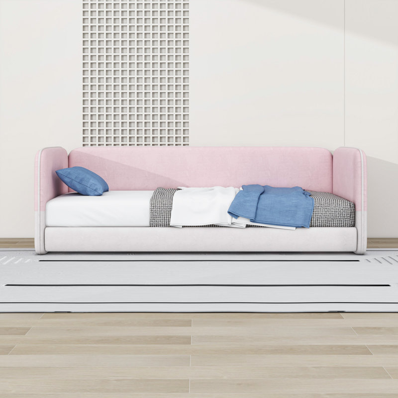 Twin Velvet Upholstered Daybed with Protective Side Rails, Pink