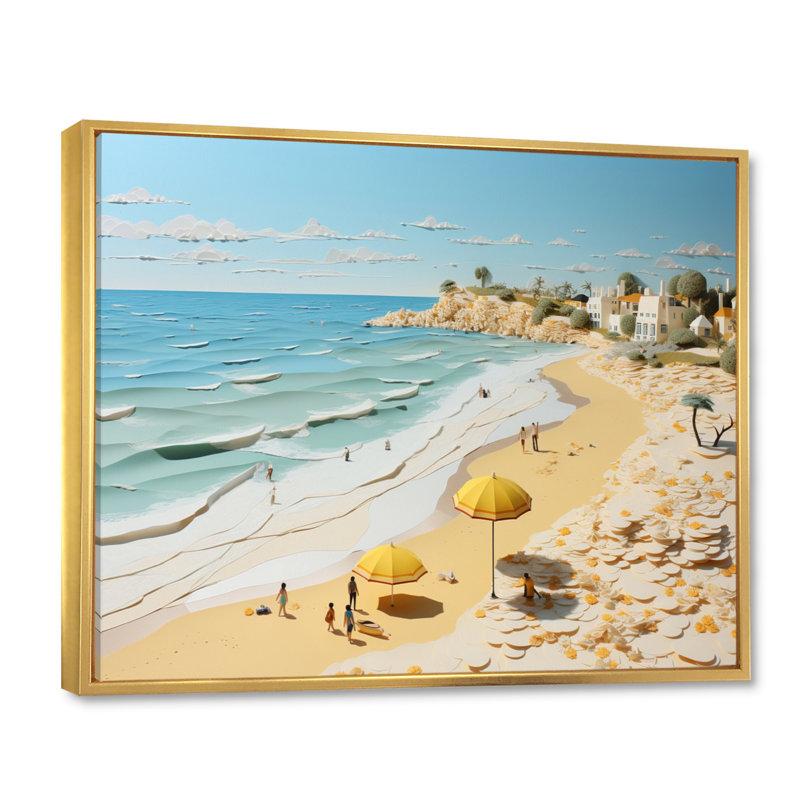 Ambre Coastal Beachside Wanderer Papercut sur toile, H 30 po x l 40 po x P 1,5 po, Cadre flottant doré