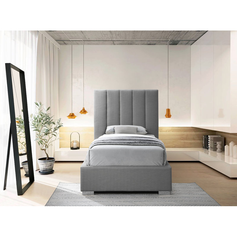 Pierce Solid Wood and Upholstered Platform Bed, Twin, Grey Linen Textured Fabric