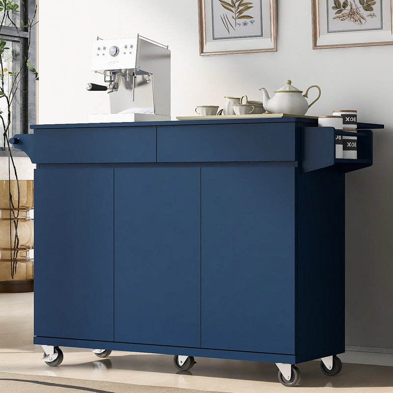 Îlot de cuisine de 53,2 po avec abattant K&K, chariot de rangement de cuisine avec support à épices, porte-serviettes et 2 tiroirs, îlot de cuisine sur roulettes avec tablettes réglables pour la cuisine, la salle à manger et le bleu marine