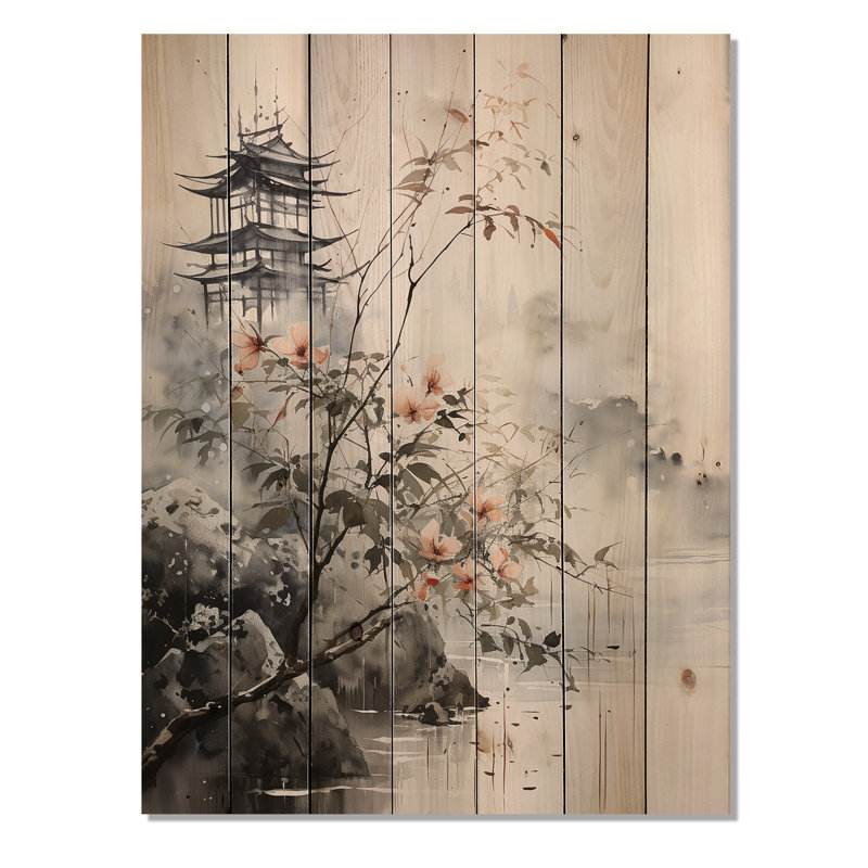 Art asiatique, oiseau Sumi sérénité xiv sur bois, H 20 po x l 10 po x P 0,78 po