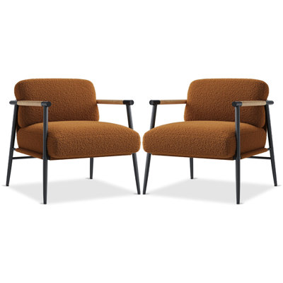 Ensemble de 2 chaises d'appoint modernes de style Mid-Century, chaises de lecture rembourrées en tissu Teddy avec structure en métal et accoudoirs en bois, sièges confortables pour le salon ou la chambre à coucher