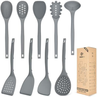 Ensemble d'ustensiles de cuisine en silicone, 9 pièces, résistants à la chaleur, avec crochets de rangement, sans BPA, comprenant spatules, cuillères, écumoire et fourchette à pâtes pour ustensiles de cuisine antiadhésifs (GRIS)