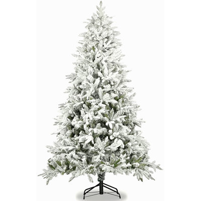 Snow Flocked Christmas Tree 7Ft Artificial Hinged Pine Tree With White Realistic Tips Unlit