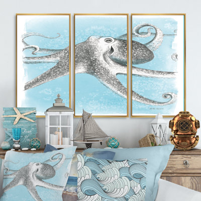 «Coastal Sea Life II Octopus Sketches», ensemble d'art mural sur toile encadré nautique et côtier