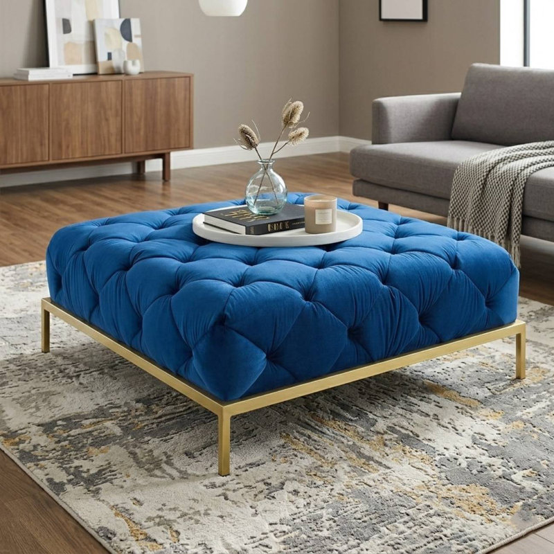 Zermeno 41.73" Wide Velvet Tufted Square Cocktail Ottoman with Gold-Finished Metal Legs, Navy Blue Velvet