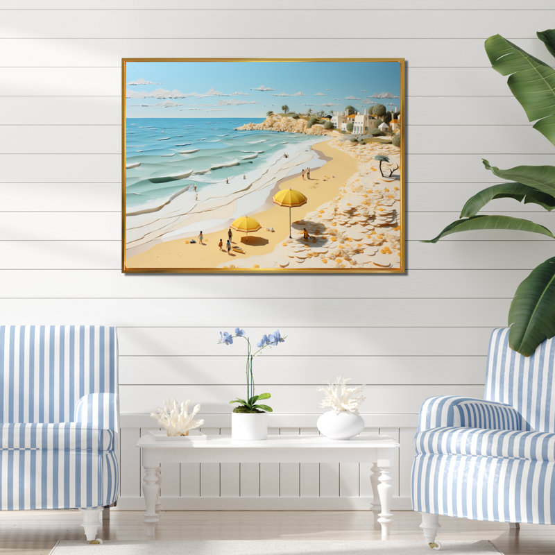 Ambre Coastal Beachside Wanderer Papercut sur toile, H 30 po x l 40 po x P 1,5 po, Cadre flottant doré