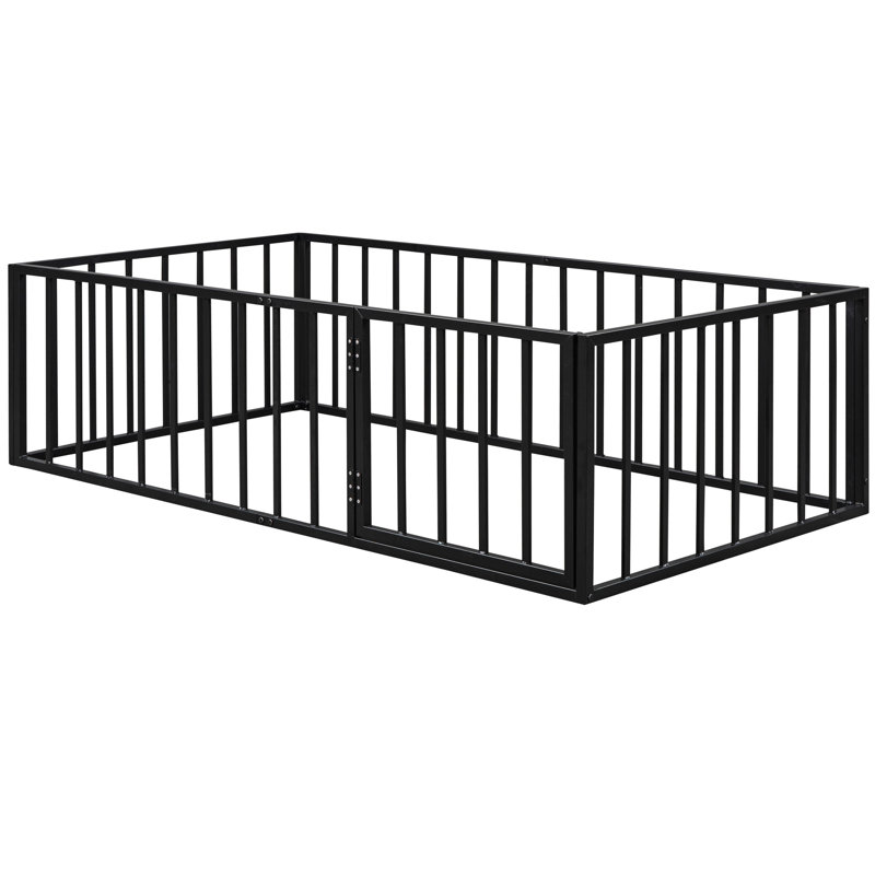 Lit simple au sol en métal - noir avec clôture et structure de porte pour la construction