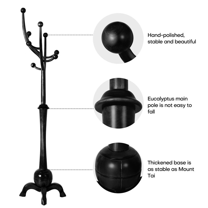Black Rubber Wood Freestanding Coat Rack with 8 Hooks