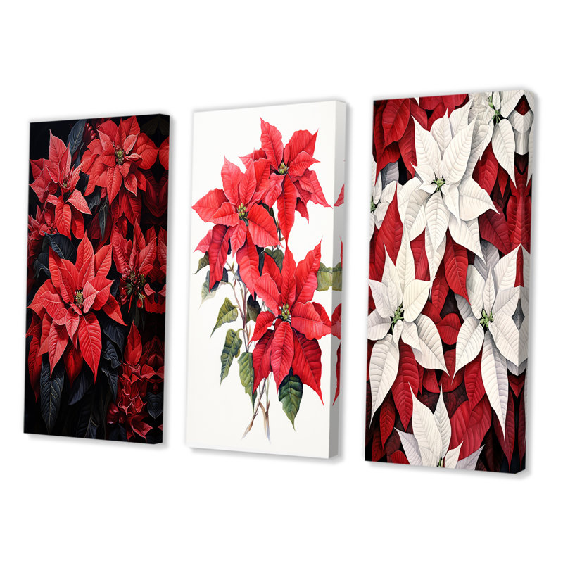 «Poinsettia Flower Noir», 3 pièces sur toile, Toile tendue, H 28 po x l 36 po